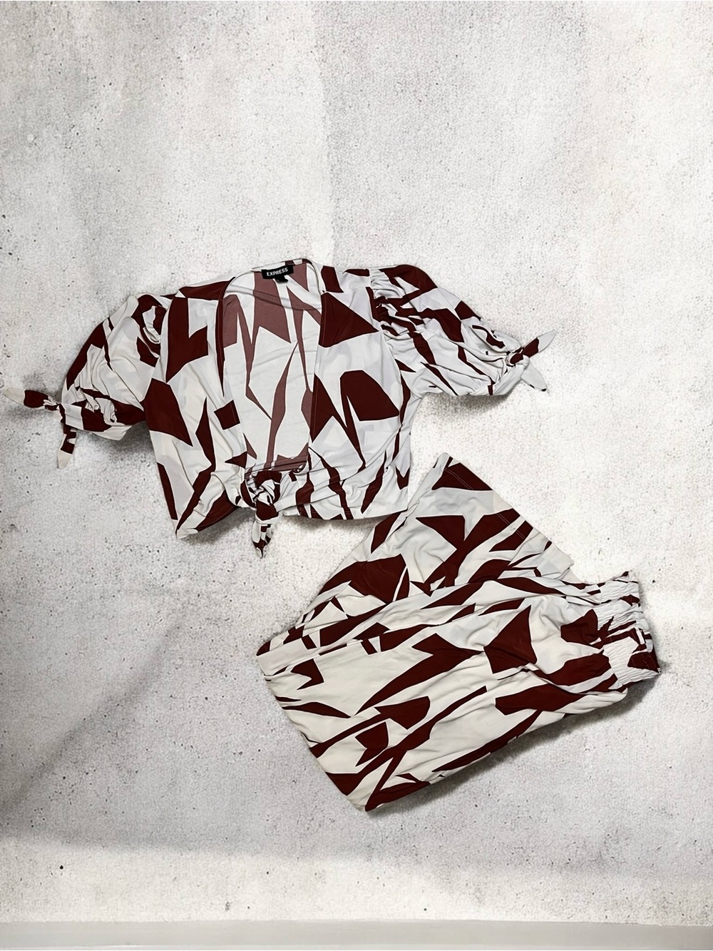Express White and Maroon Abstract Wide Leg Set